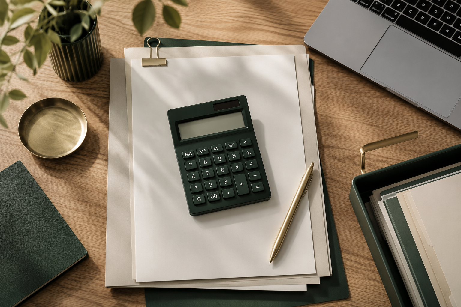 An organized tax preparation desk with calculator and folders